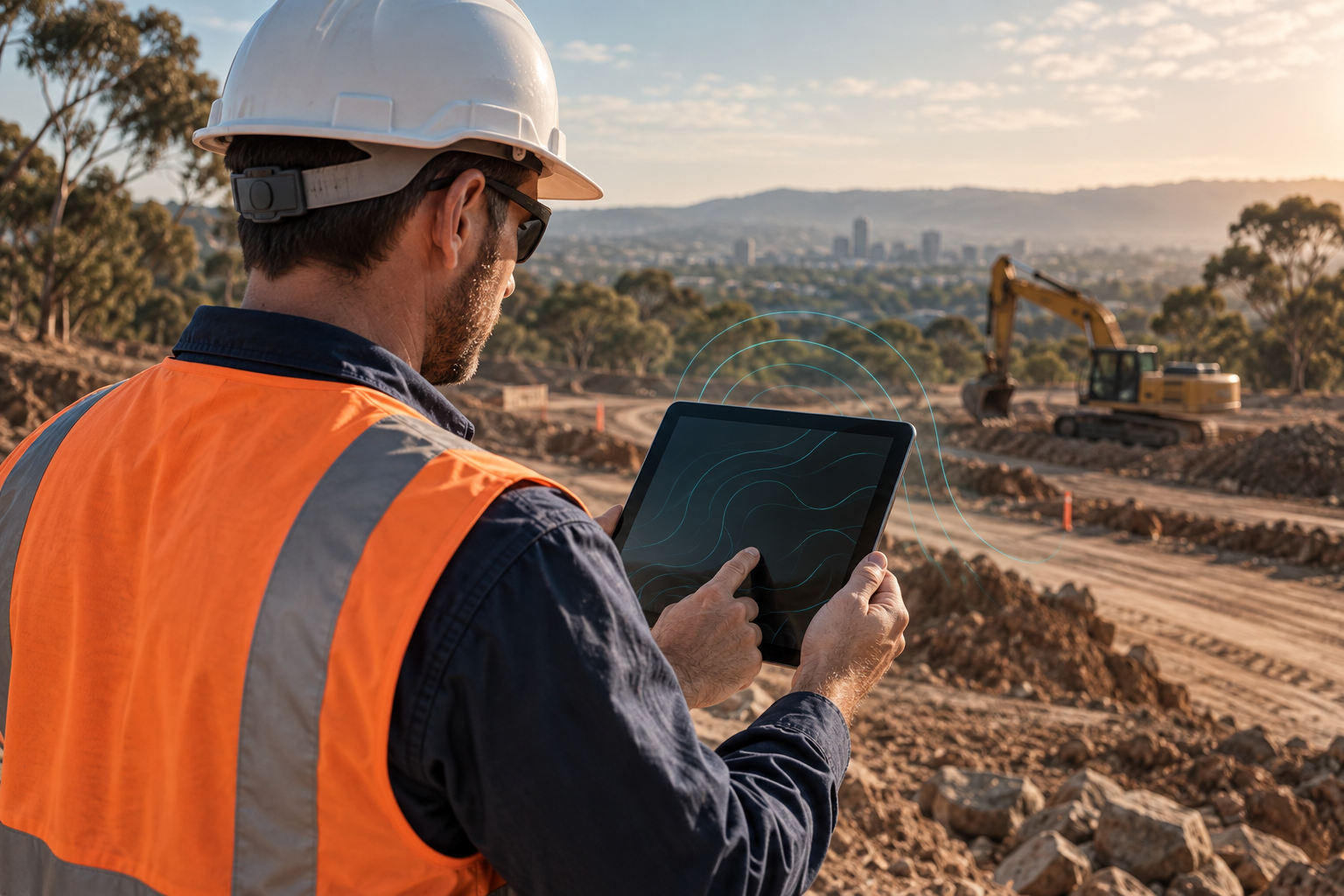 Illustrative civil engineer using a tablet on an Australian earthworks site