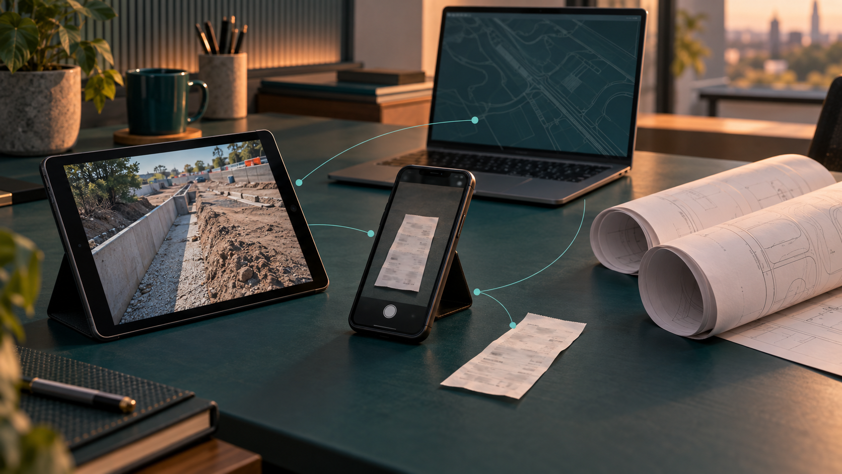 Illustrative connected workspace with civil plans, a tablet and phone receipt capture